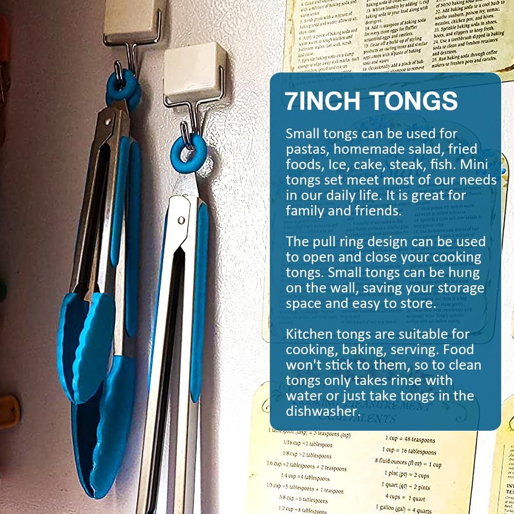 Small Serving Tongs Set of 3, Mini Tongs (7 inch) with Silicone Tips and Stainless Steel Handle, Great for Steaks, Salads, Vegetables(Blue)