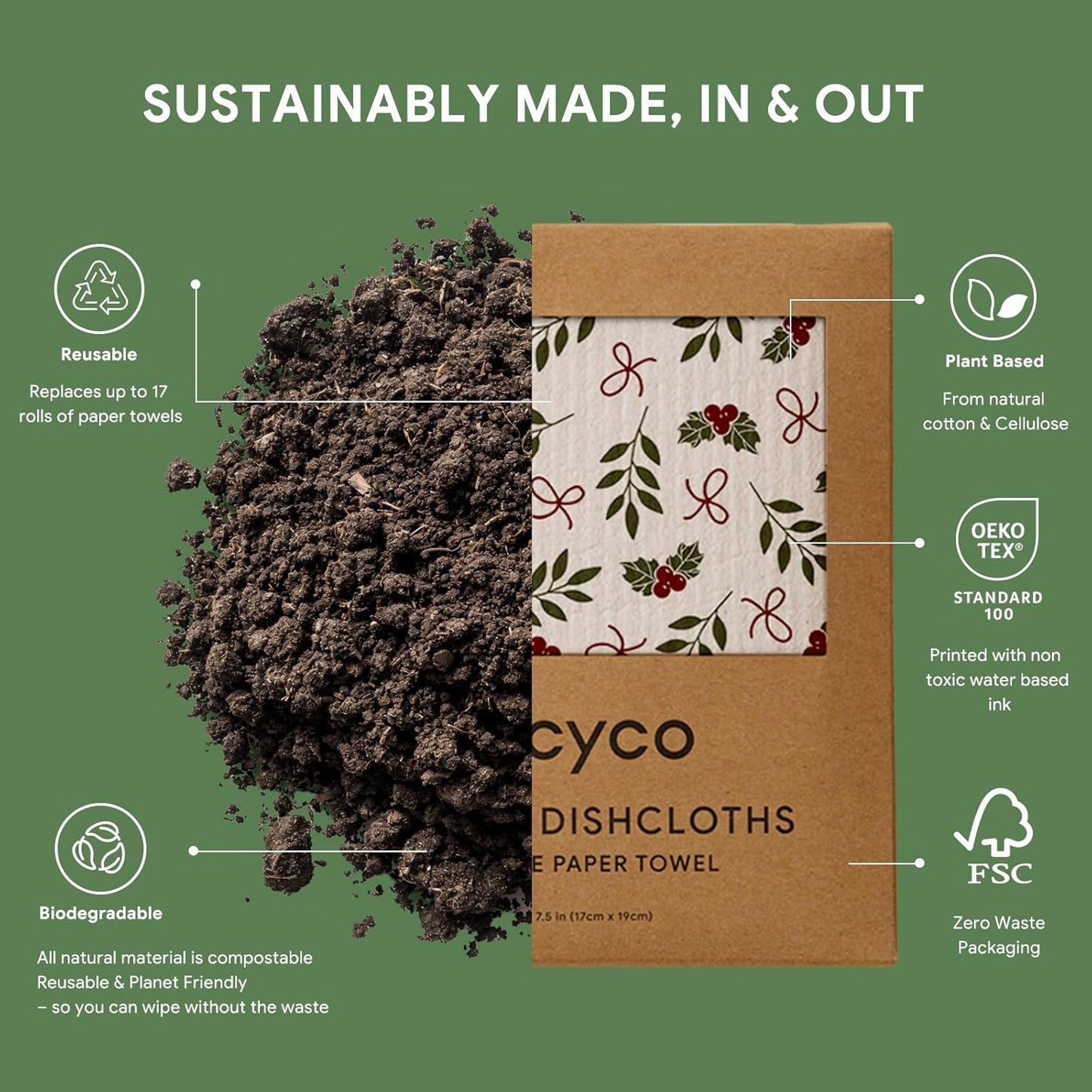 RECYCO 4 Pack Christmas Swedish Dishcloths for Kitchen | Jolly Holiday Washable Dish Towels | Cellulose Reusable Cleaning Paper Towels | Absorbent Counter Dish Cloth Sponge Kitchen Wipes, 7" x 8"