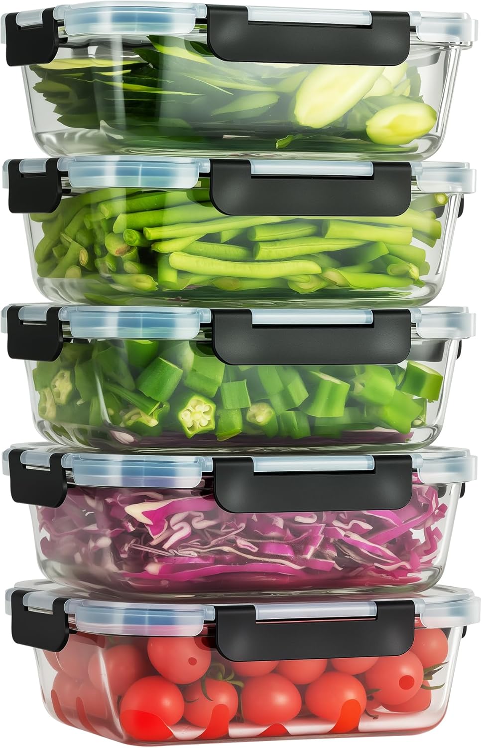 5-Piece Set, 36 oz Glass Meal Prep Containers with Snap-Lock Lids, Airtight Lunch Containers, Microwave, Oven, Refrigerator & Dishwasher Safe,Black
