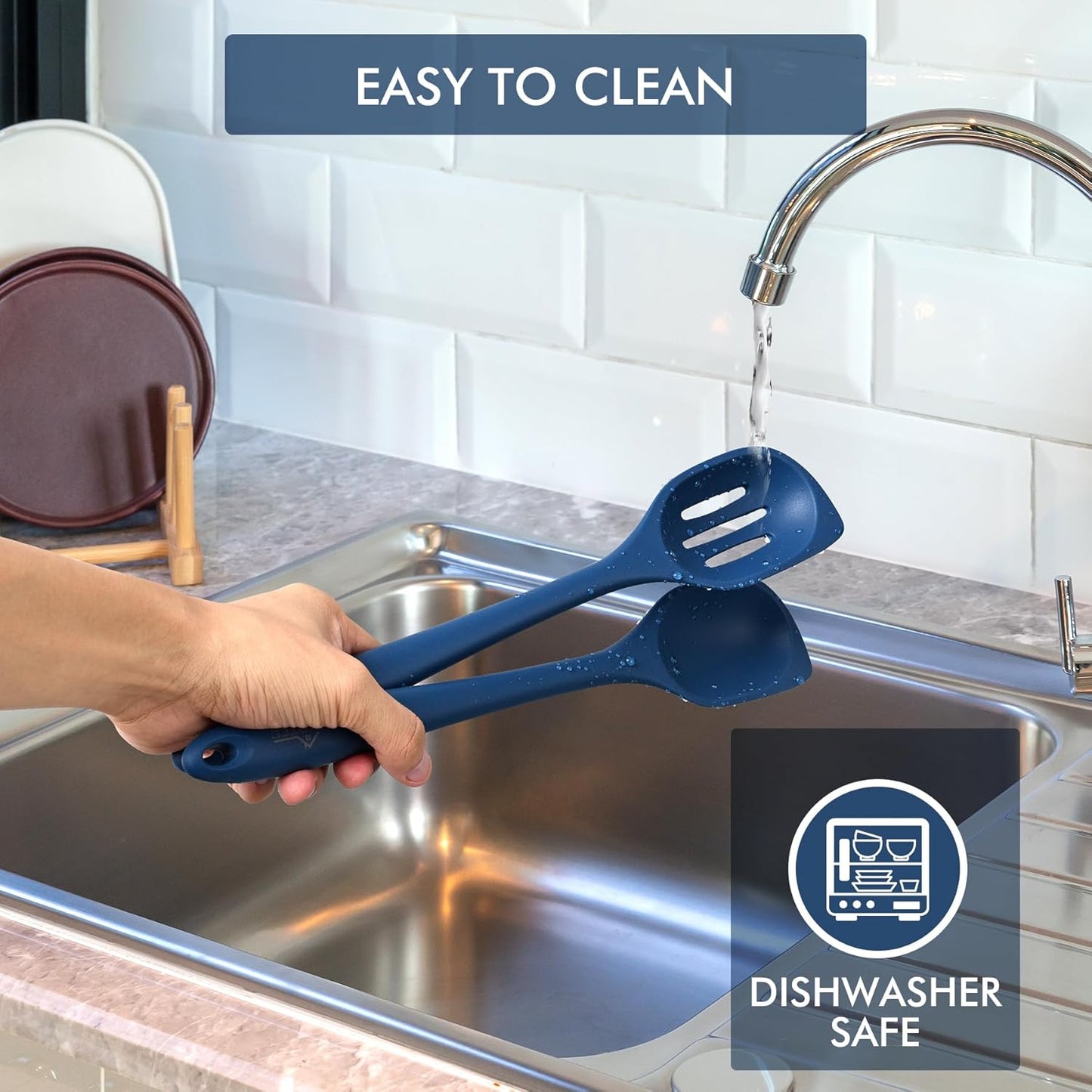 HOTEC 446°F Heat Resistant Silicone Cooking Spoon Spatula, BPA Free Large Kitchen Solid and Slotted Spoons for Mixing, Serving, Scraping, Non-stick, Dishwasher Safe Classic Blue 12.5inch