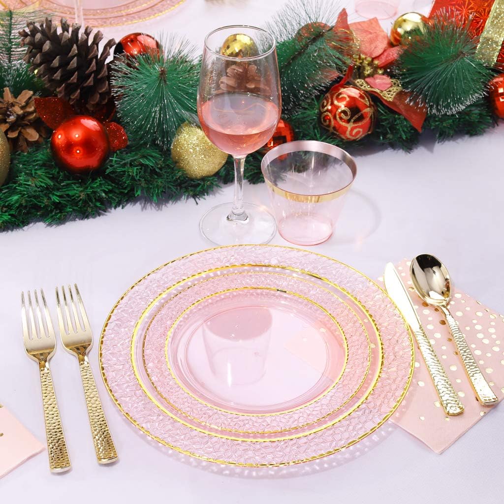 Nervure 175PCS Pink and Gold Plastic Plates - Pink Disposable Plates : 25 Dinner Plate,25 Dessert Plate, 25 Forks,25 Knives, 25 Spoons, 25 Cups,25 Napkins for Wedding & Party