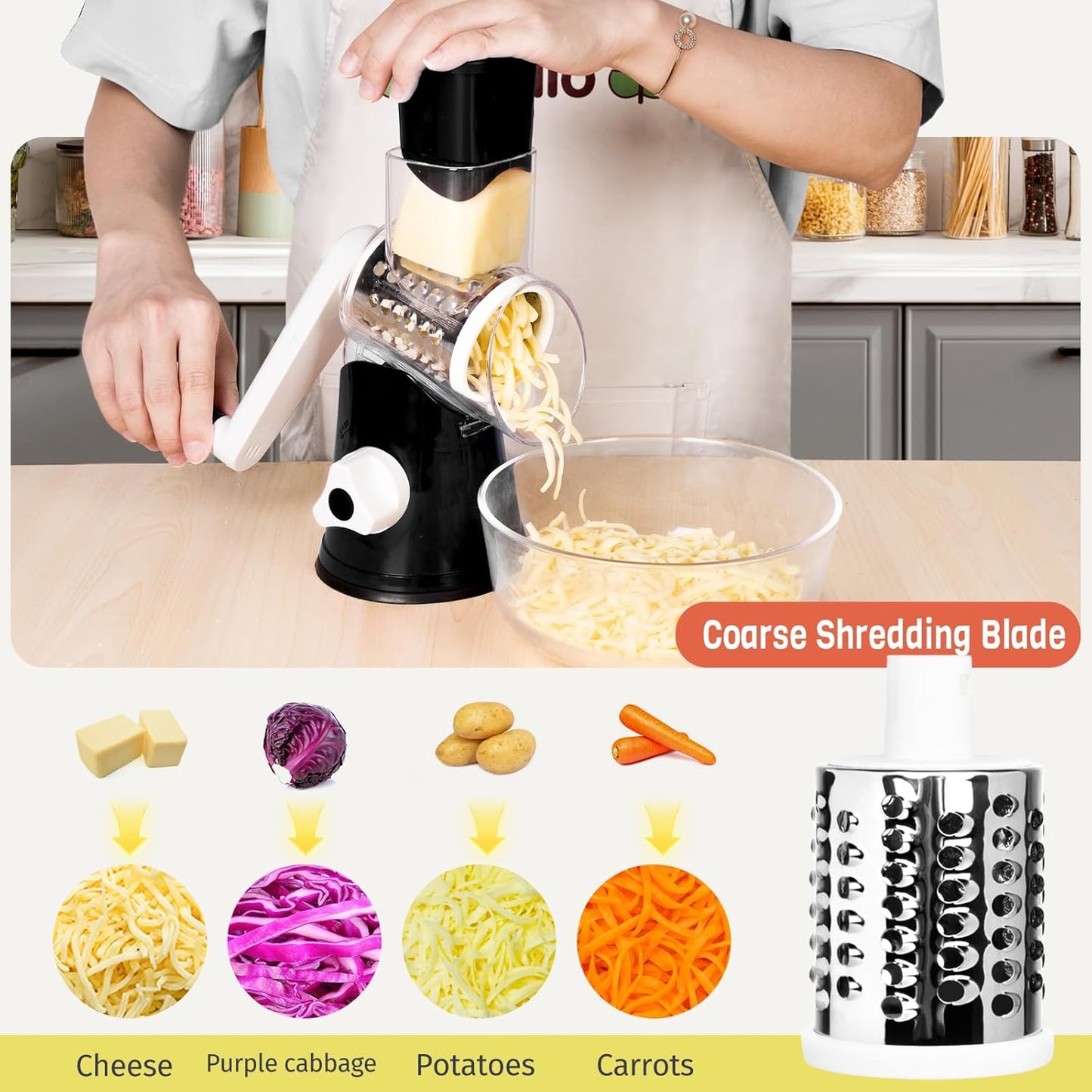 X Home Rotary Cheese Grater for Kitchen, Shredder with 3 Interchangeable Blades, Rotary Grater with Handle and Strong Suction Base, for Vegetables, Fruit, Nuts, Easy to Use and Clean, Black