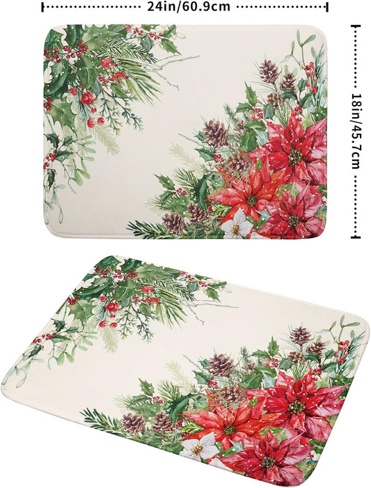 Giwawa Poinsettia Dish Drying Mat for Countertop 18"x24" Christmas Red Floral Winter Holly Berries Dish Drainer Mats Absorbent Microfiber Dish Drying Pad Protector for Kitchen Home Decor Large