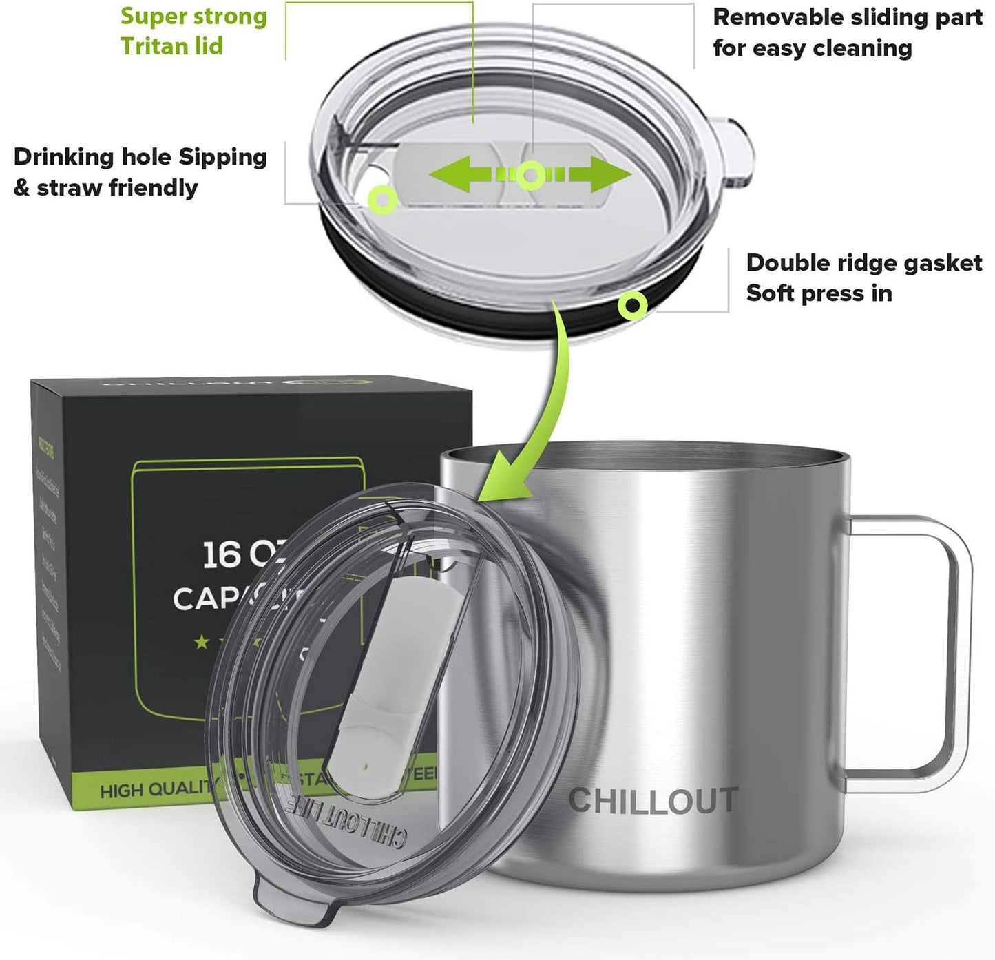 CHILLOUT LIFE Stainless Steel 16 oz Vacuum Insulated Coffee Mug with Handle and Lid, Large Thermal Camping Coffee Mug Cup with Durable Sliding Lid for Men & Women, Keeps your Beverages Hot & Cold