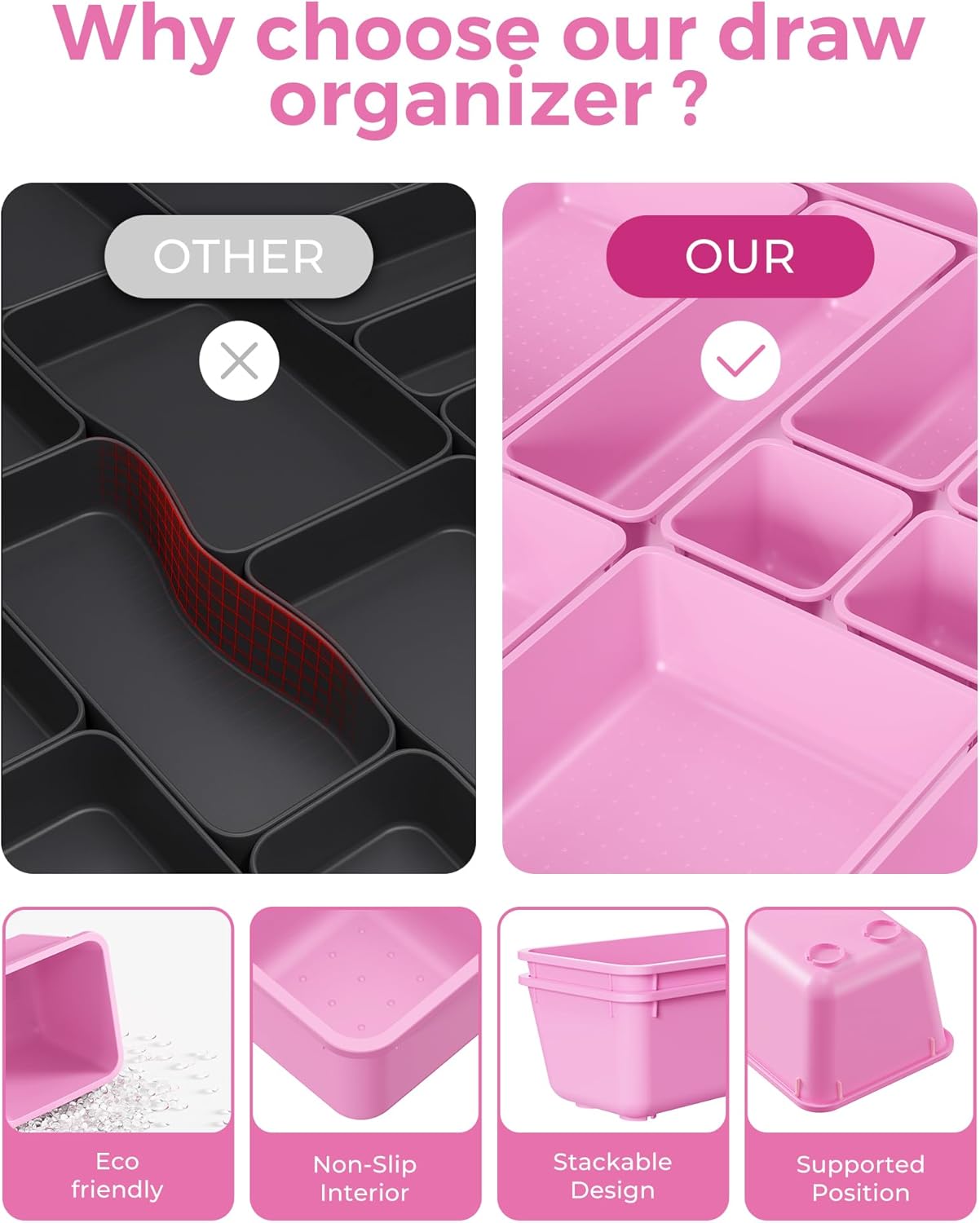 25 PCS Plastic Drawer Organizers Set, 4-Sizes Vanity and Makeup Organizer, Desk and bathroom Drawer Organizer Trays, Organizers and Storage for Makeup, Jewelry, Gadgets, Utensils(Light Purple)