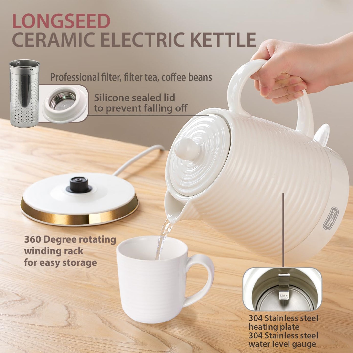 1.26 Quarts Ceramic Electric Kettle with Infuser & Cups Kit, Boil Water Teapot, Boil-Dry Protection Auto Shut-off, Detachable Swivel Base, 1000W Fast Boiling for Tea and Coffee