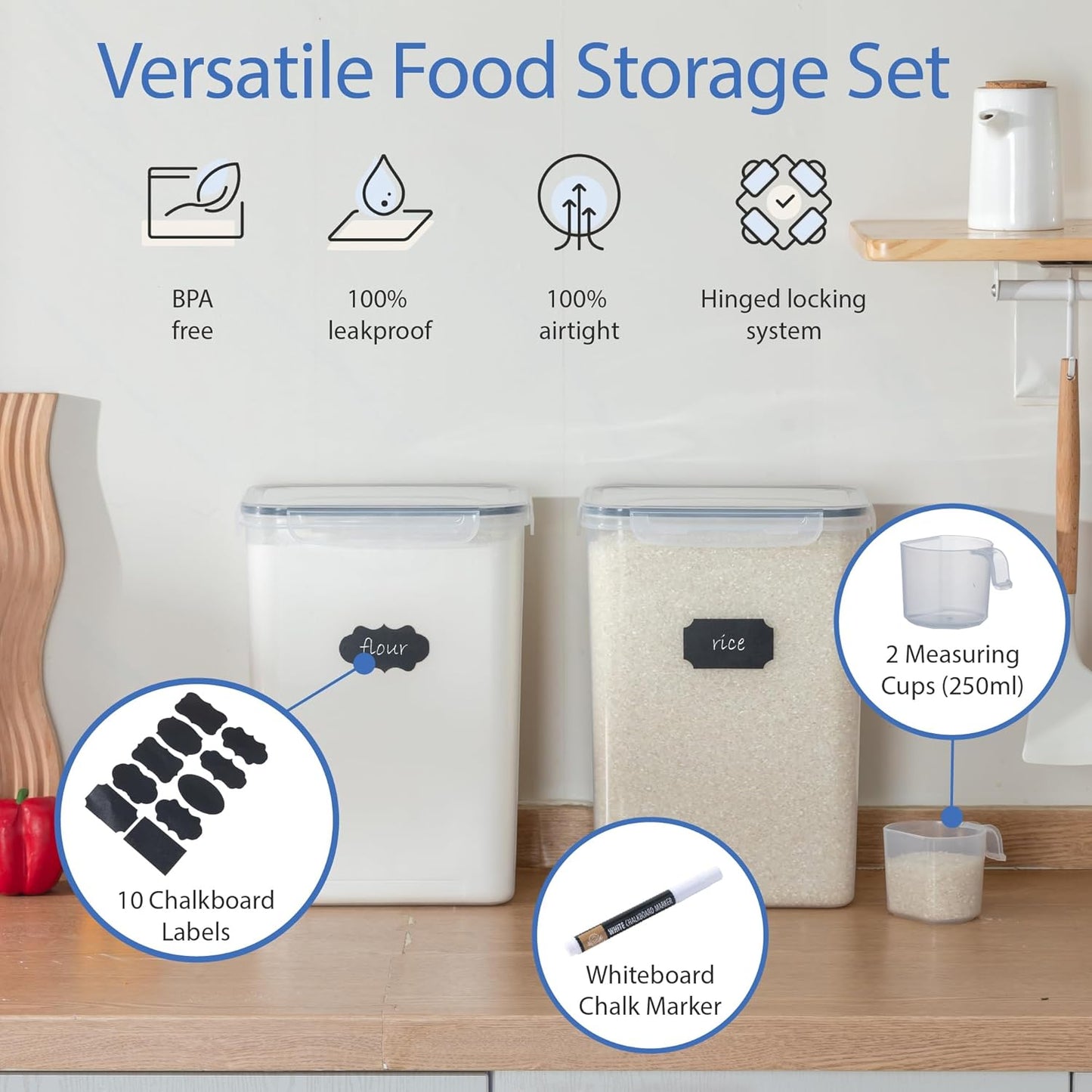 Chef's Path Airtight Food Storage Containers with Measuring Cups, Set of 2, 9.5L, 320Oz, Spacious, Leakproof Design Pantry Canisters for Flour, Sugar, and Bulk Food Storage - Transparent