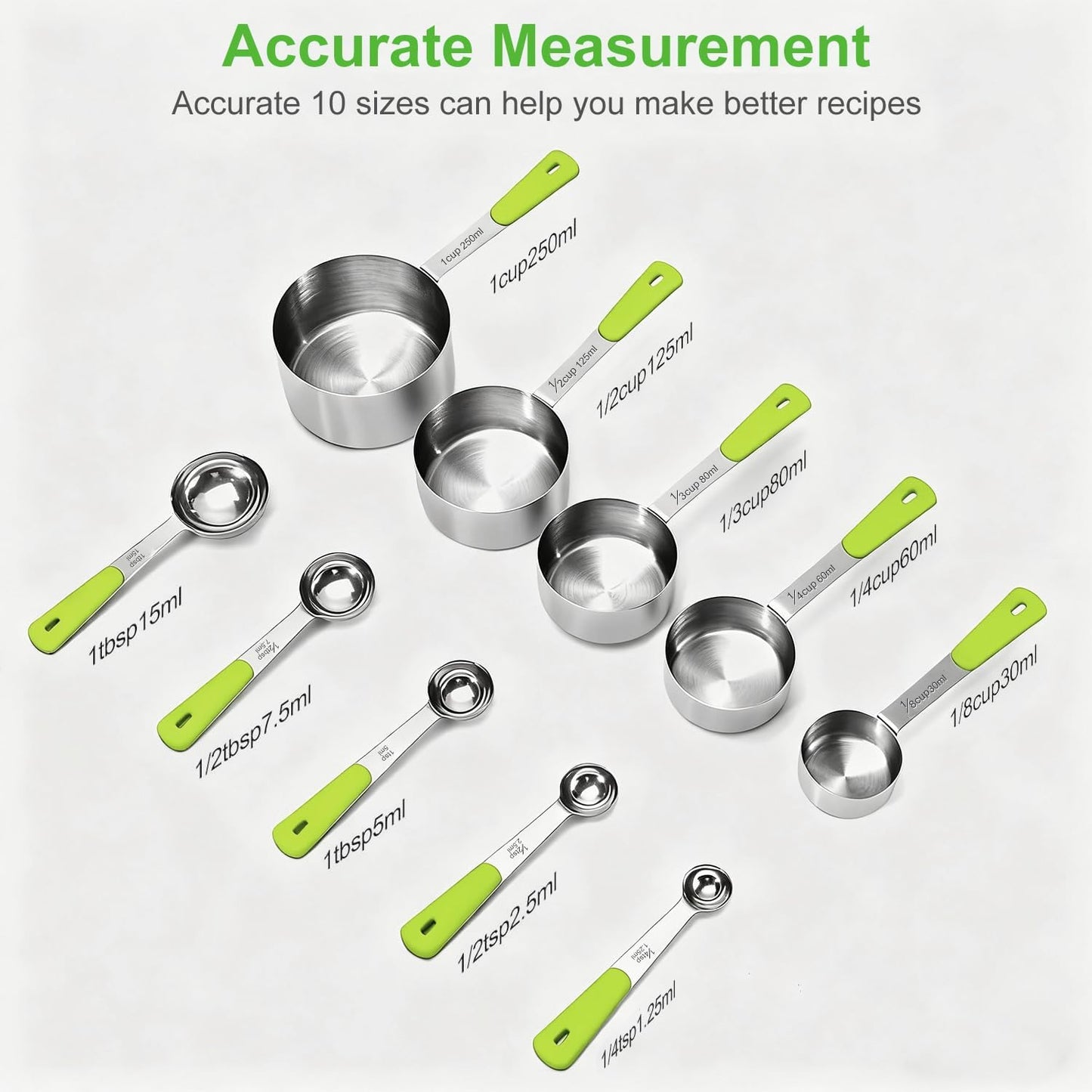 Measuring Cups and Spoons Set, Stainless Steel 10 Piece for Cooking and Baking (5 Cups + 5 Spoons, Green Handle)
