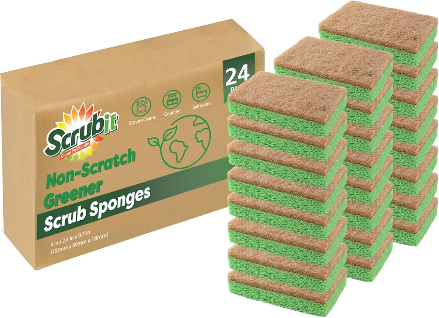 SCRUBIT 24 Pack Natural Sponges - Biodegradable Compostable Cellulose and Coconut Natural Sponges for Dishes, Eco Friendly Non Toxic Kitchen Sponge