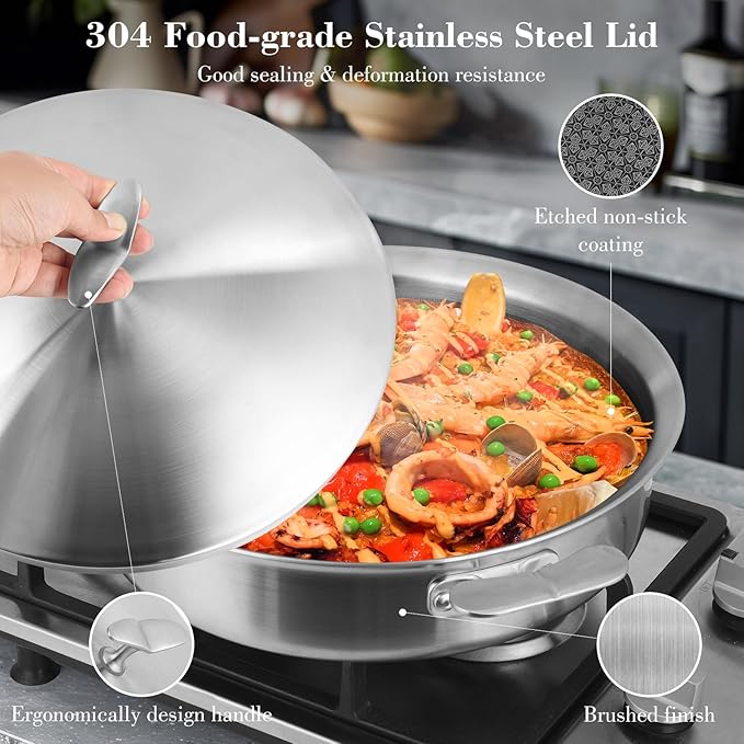 12 Inch Frying Pan Non Stick with Lid, Tri-ply Stainless Steel Saute Pan 5.2QT with Stainless Steel Lid, Fast and Even Heating Stay Cool Handles Induction Dishwasher & Oven Safe PFOA Free Cookware