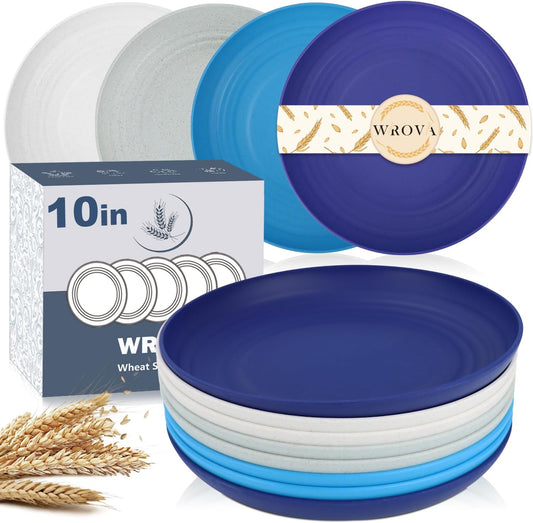 Wrova Wheat Straw Plates - 10 Inch Unbreakable Dinner Plates Set of 8 - Dishwasher & Microwave Safe Plastic Plates Reusable - Plates easy to clean for kitchen,camping.White-Grey-Blue, Island Series
