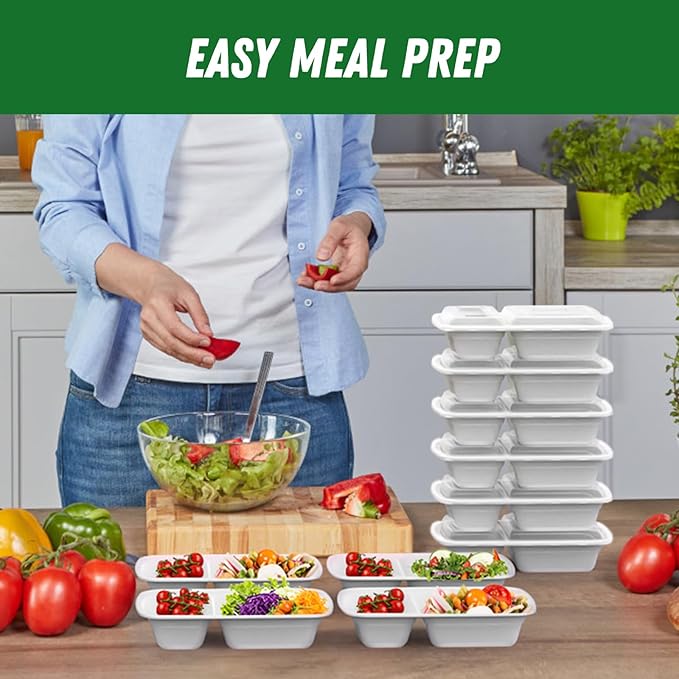 50 Pack (100-Piece) 28 oz Meal Prep Containers Reusable with Lids 2-Compartment, Sturdy Leakproof Food Safe, Microwave Freezer Dishwasher Safe, To Go Take Out Plastic Food Storage, Silver
