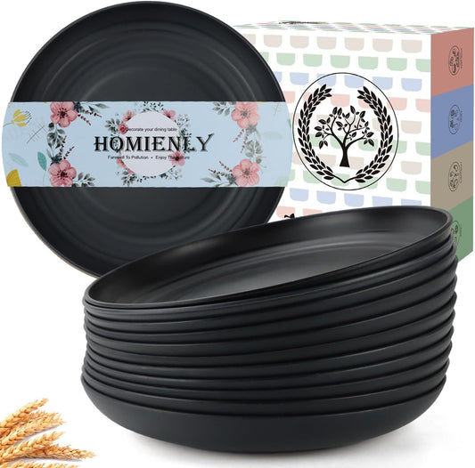 Homienly Deep Dinner Plates Set of 12 - Alternative to Plastic - Microwave & Dishwasher Safe - Wheat Straw - Unbreakable - Kids Plates (Black, 10 inch)