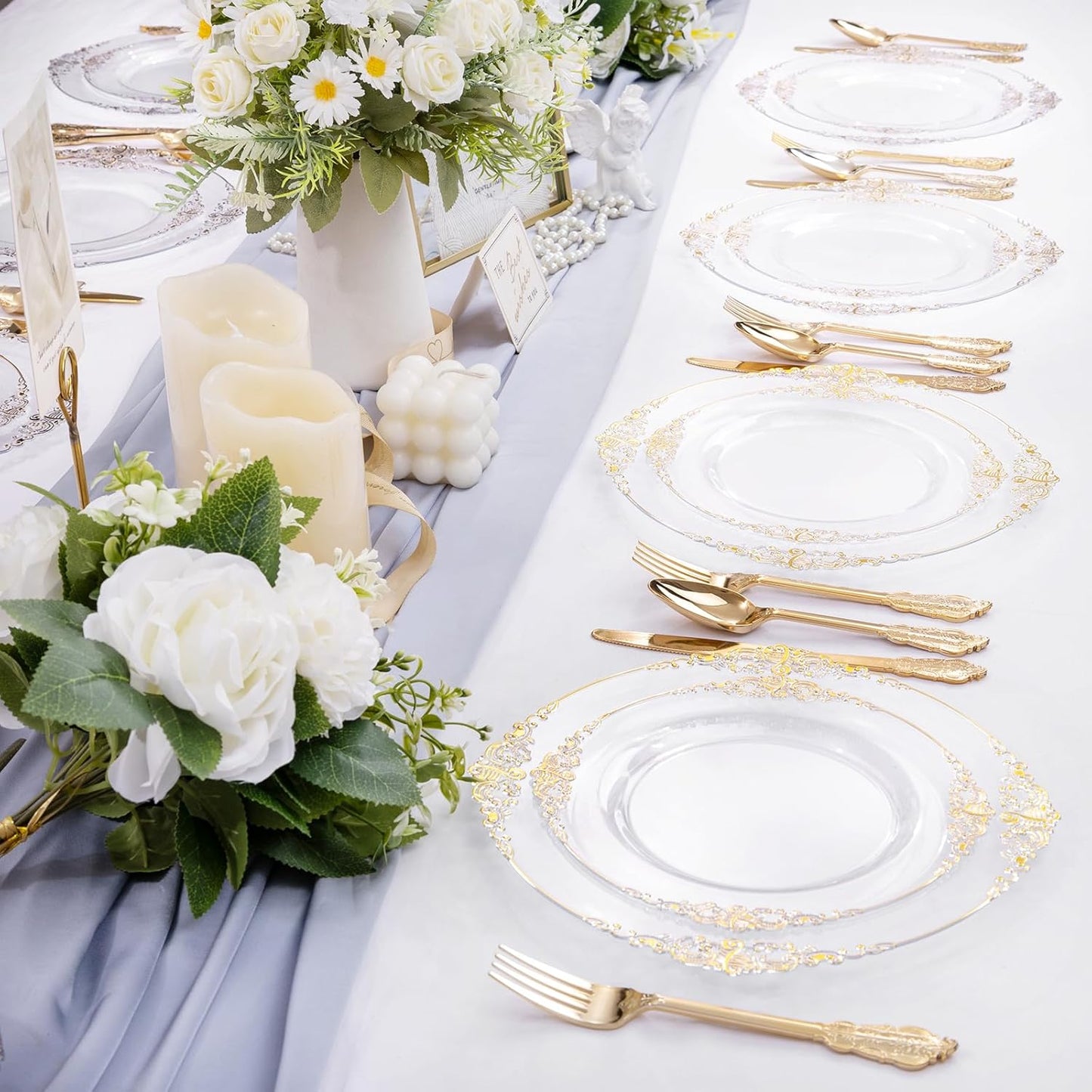 102PCS Clear Gold Plastic Plates - Clear Disposable Plates with Gold Rim - Clear Party Plate Include 51PCS Dessert Plates, 51PCS Dinner Plate for Weddings & Thanksgiving Parties