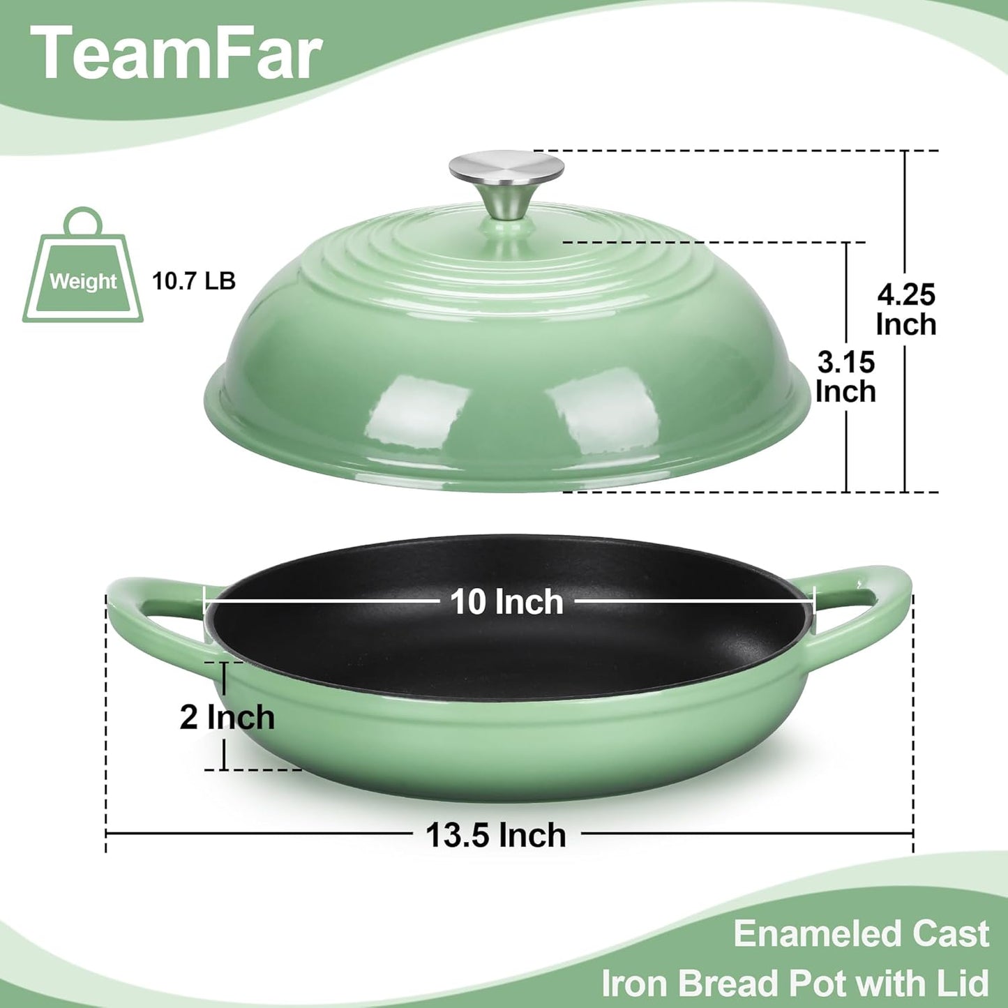 TeamFar Cast Iron Bread Dutch Oven, 6 Qt Enameled Dutch Oven Pot for Sourdough Bread Baking, with Tall Dome Lid & Round Base Pan, Self-Basting & Even-Heating, Heavy-Duty & Non-stick, Pistachio Green