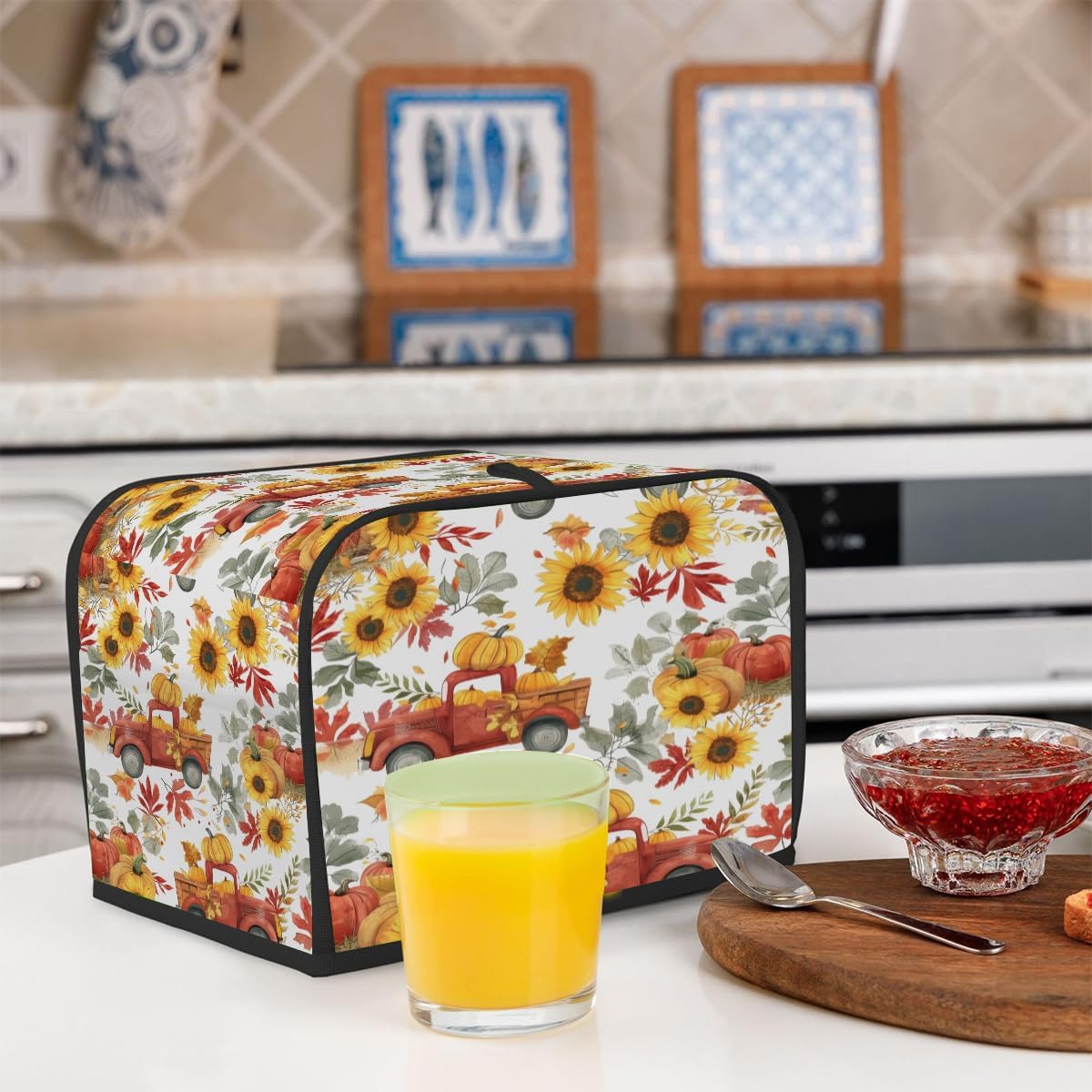 4 Slice Fall Toaster Cover,Thanksgiving Farm Truck Sunflower Small Kitchen Appliance Bread Machine Cover with Pockets,Dust & Fingerprint Protection