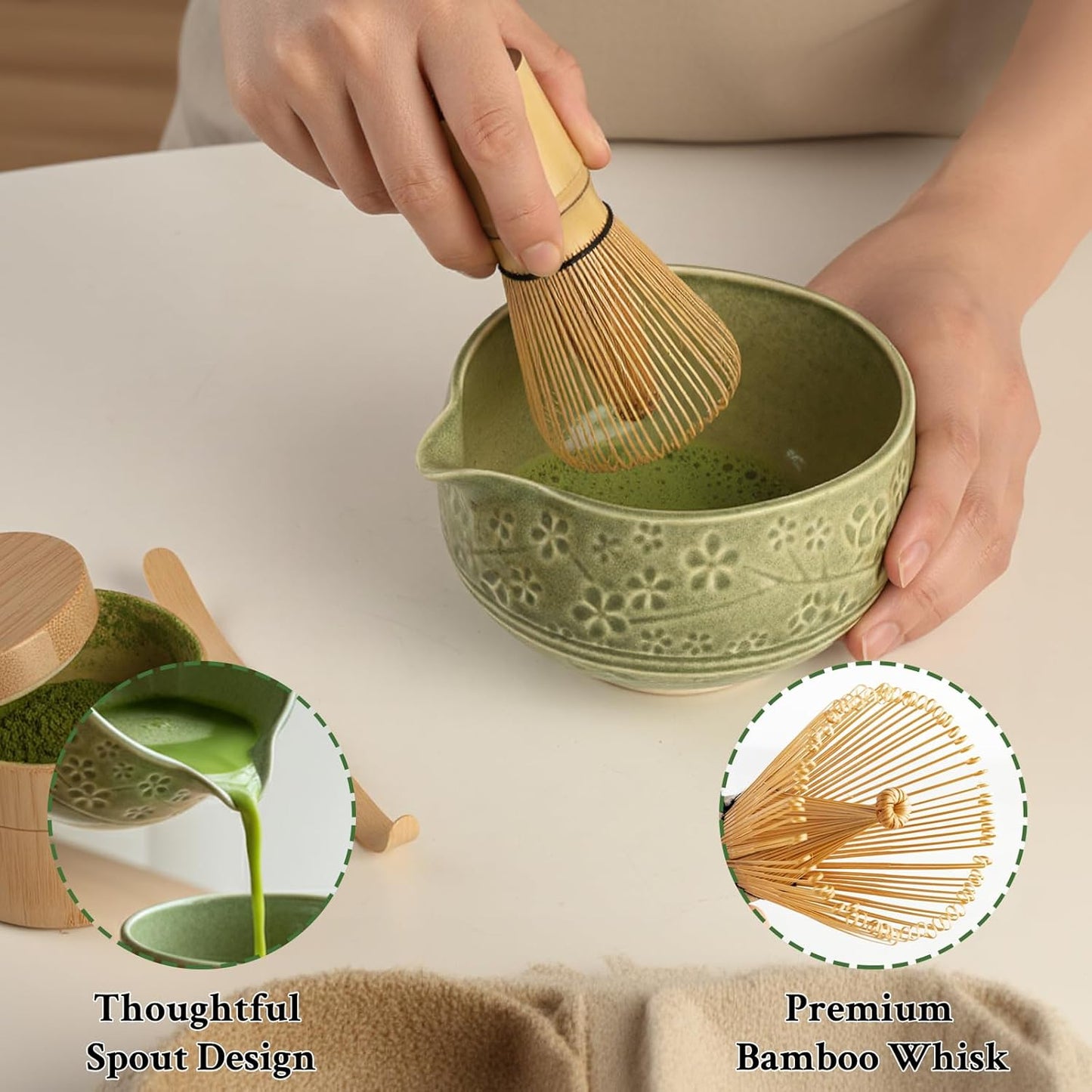 Matcha Whisk Set - Ceramic Matcha Set Includes Matcha Bowl, Whisk and Holder, Bamboo Scoop, Scoop Rest, Sifter and Tea Towel - 7 Pcs Ceremonial Gift Kit for Matcha Lovers (Floral Green)