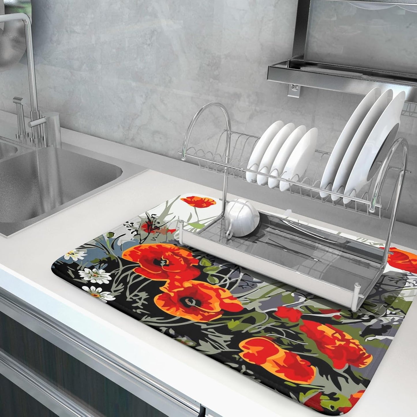 Poppy Dish Drying Mat 18x24 inch for Kitchen Vintage Red Orange Floral Dish Drying Pad Oil Painting Flower Dish Drainer Mats Absorbent Microfiber Protector for Countertop Coffee Bar