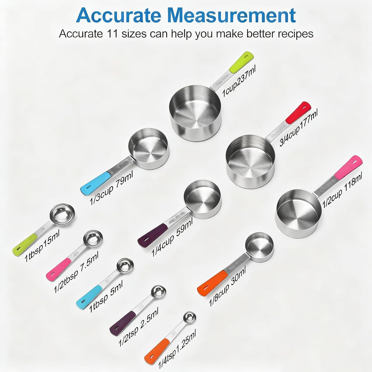 Measuring Cups and Spoons Set, Stainless Steel 11 Piece for Cooking and Baking (6 Cups + 5 Spoons, Colorful Handles)