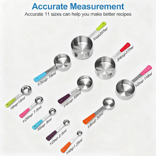 Measuring Cups and Spoons Set, Stainless Steel 11 Piece for Cooking and Baking (6 Cups + 5 Spoons, Colorful Handles)