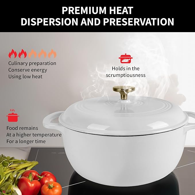 Premium Enameled Cast Iron Dutch Oven for Bread Baking | Non-Stick 2QT Oval Bread Oven with Lid | Perfect for Sourdough, Loaf, and Artisan Baking (Round White, 5.5 QT)