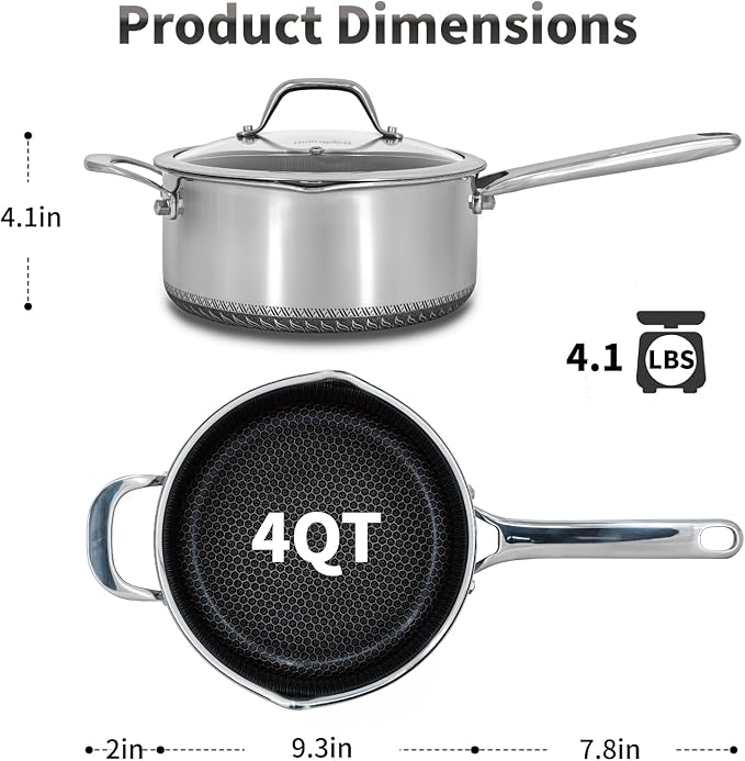 Hybrid Nonstick 4 QT Saucepan with Lid, Stainless Steel Stockpot with Honeycomb Texture,Compatible with All Cooktops,Dishwasher and Oven Safe