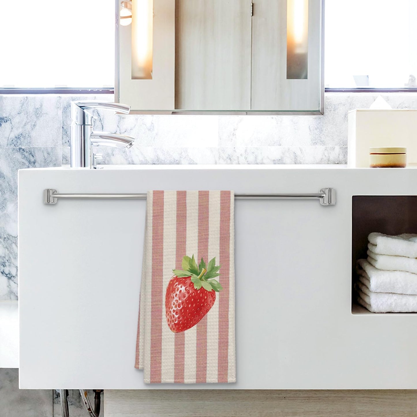 Strawberry Kitchen Towels, Pink and White Striped Summer Strawberry Dish Tea Towels for Kitchen Decor, Fruit Lover Gifts Decorative Hand Towel for Bathroom, 16x24 Inch