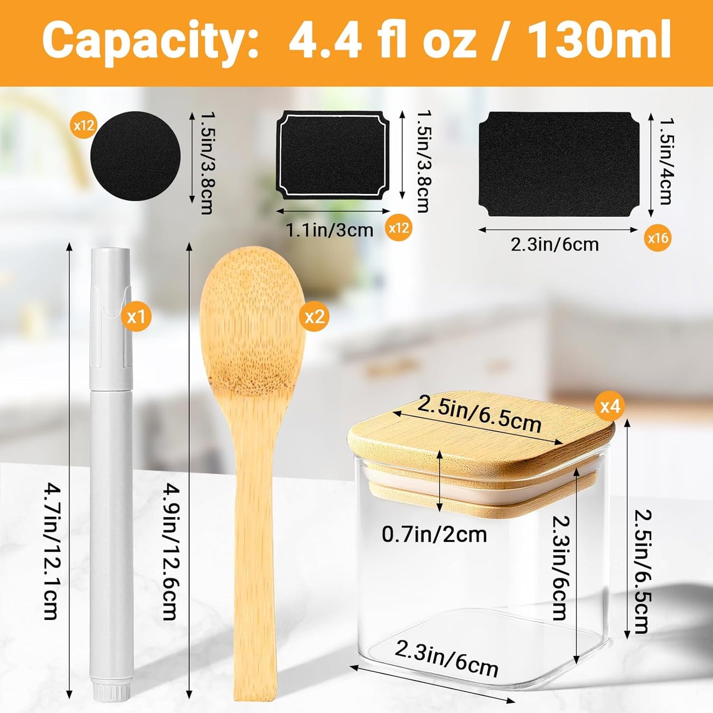 Glass Jar with Lid Set of 4, 4 Fl.oz Square Glass Storage Jars with Bamboo Lids, Clear Spice Container Seasoning Canister for Sugar Coffee Tea - Included Label Sticker, Spoon and Marker