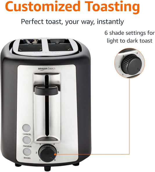 Amazon Basics 2 Slice Toaster, With 6 Browning Settings, Extra Wide Slots For Bagels and Special Breads, Removable Easy-to-Clean Crumb Tray, Cancel/Defrost/Bagel Buttons, 900W, Black & Silver