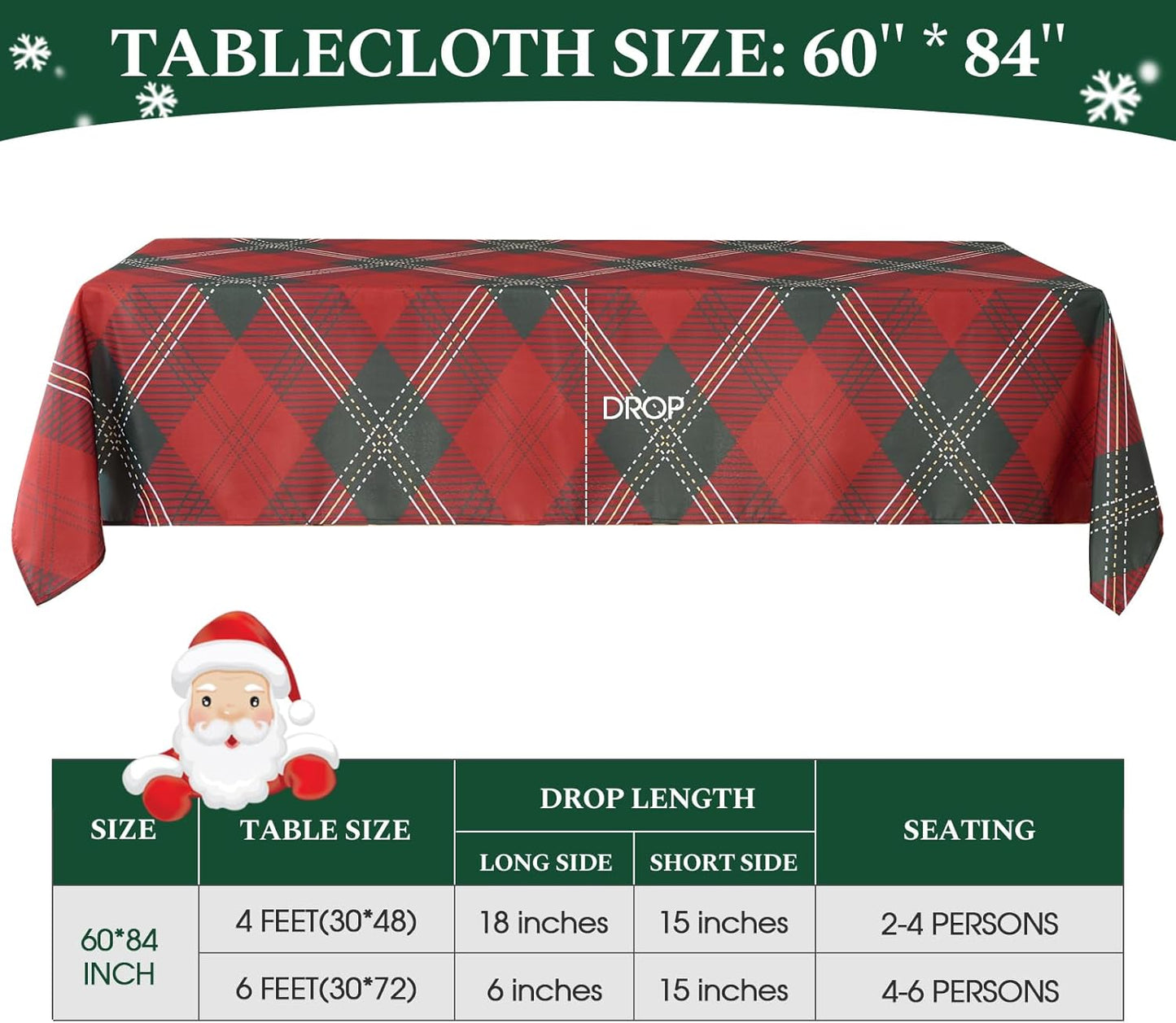Christmas Tablecloth Rectangular 60x84 Inch Waterproof, Machine Washable Checkered Polyester Table Cover for Xmas Party, Winter Holiday Home Decoration in Festive Checkered Green 1pack