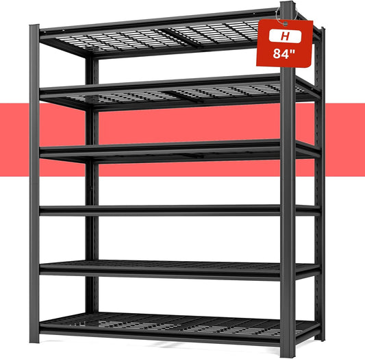 55.12" W 6-Shelf Father&I Industrial Adjustable Heavy-Dudy Tall Metal Steel Garage Storage Shelves Shelving Units/Wire Rack System (Commercial) for Basement/Sho, 84" H*55.12" W*24" D*, Black