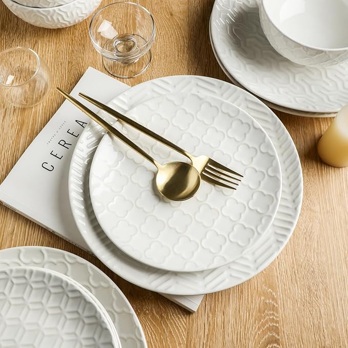 Sureasy Ceramic Dinnerware Sets for 6, 18 Pieces Stoneware Plates and Bowls Sets, Embossed Scratch Resistant Dinner Set, Dishwasher&Microwave Safe, White