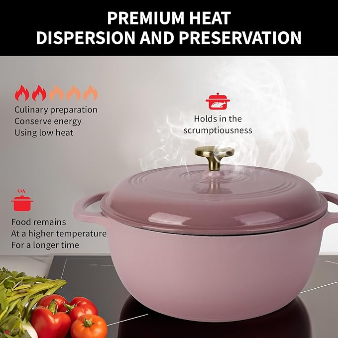 Premium Enameled Cast Iron Dutch Oven for Bread Baking | Non-Stick 2QT Oval Bread Oven with Lid | Perfect for Sourdough, Loaf, and Artisan Baking (Round Pink, 5.5 QT)