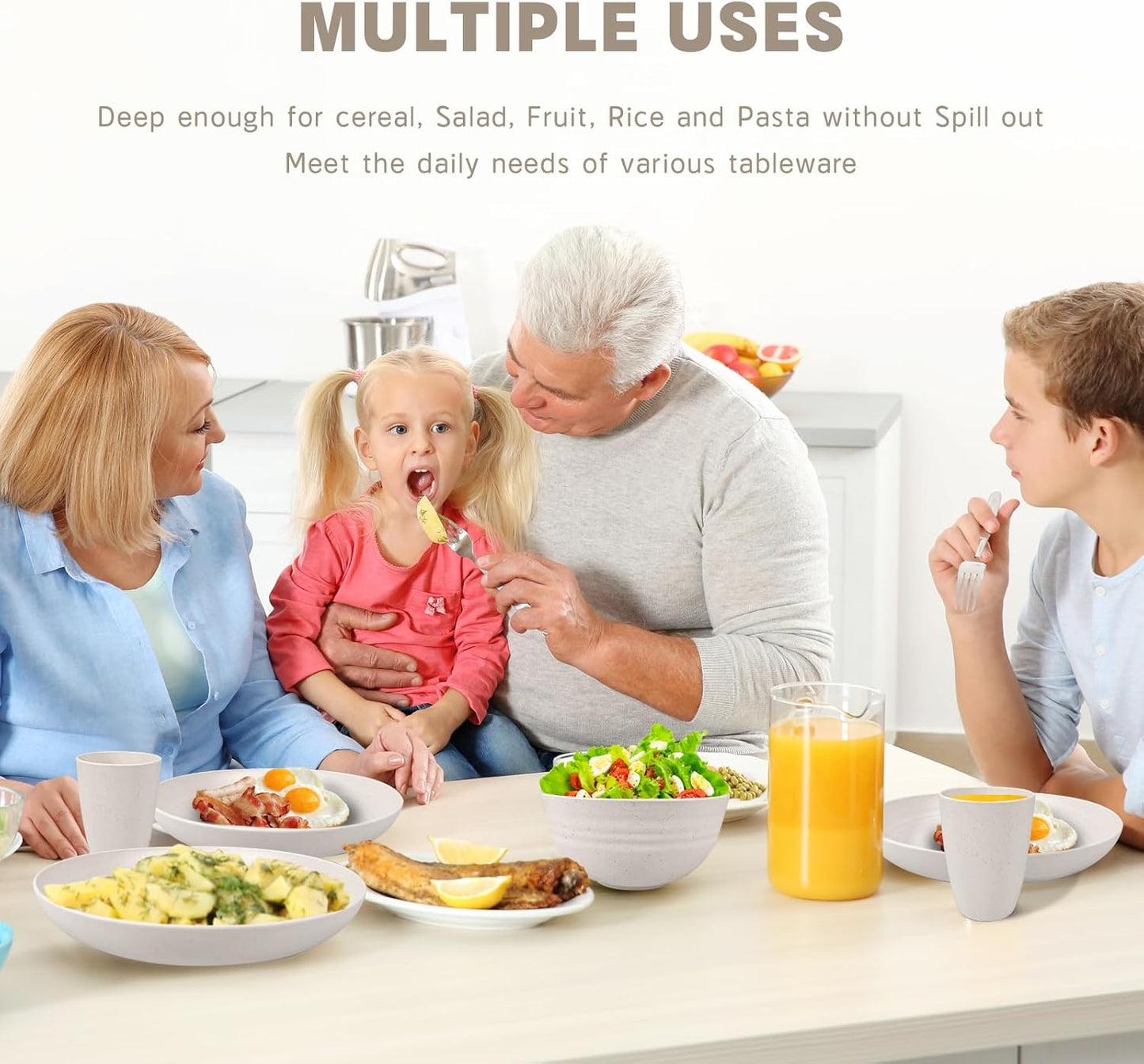 Kitchen Wheat Straw Dinnerware Sets (33pcs) Attached cleaning brush,Service For 8,Plastic Plates and Bowls Sets,Unbreakable Dinnerware,Lightweight Plastic Plate Set (off-white)