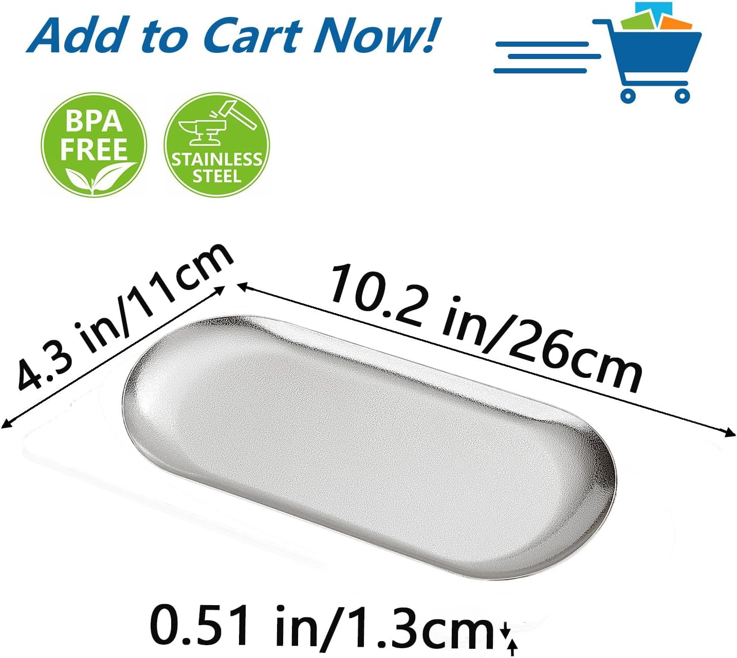 10X4 inch ellipse Appetizer Plates,thick stainless steel Dinner Plates, Pasta Dessert Plates for Sushi, Fruit oven/Dishwasher Safe, Set of 4,silver