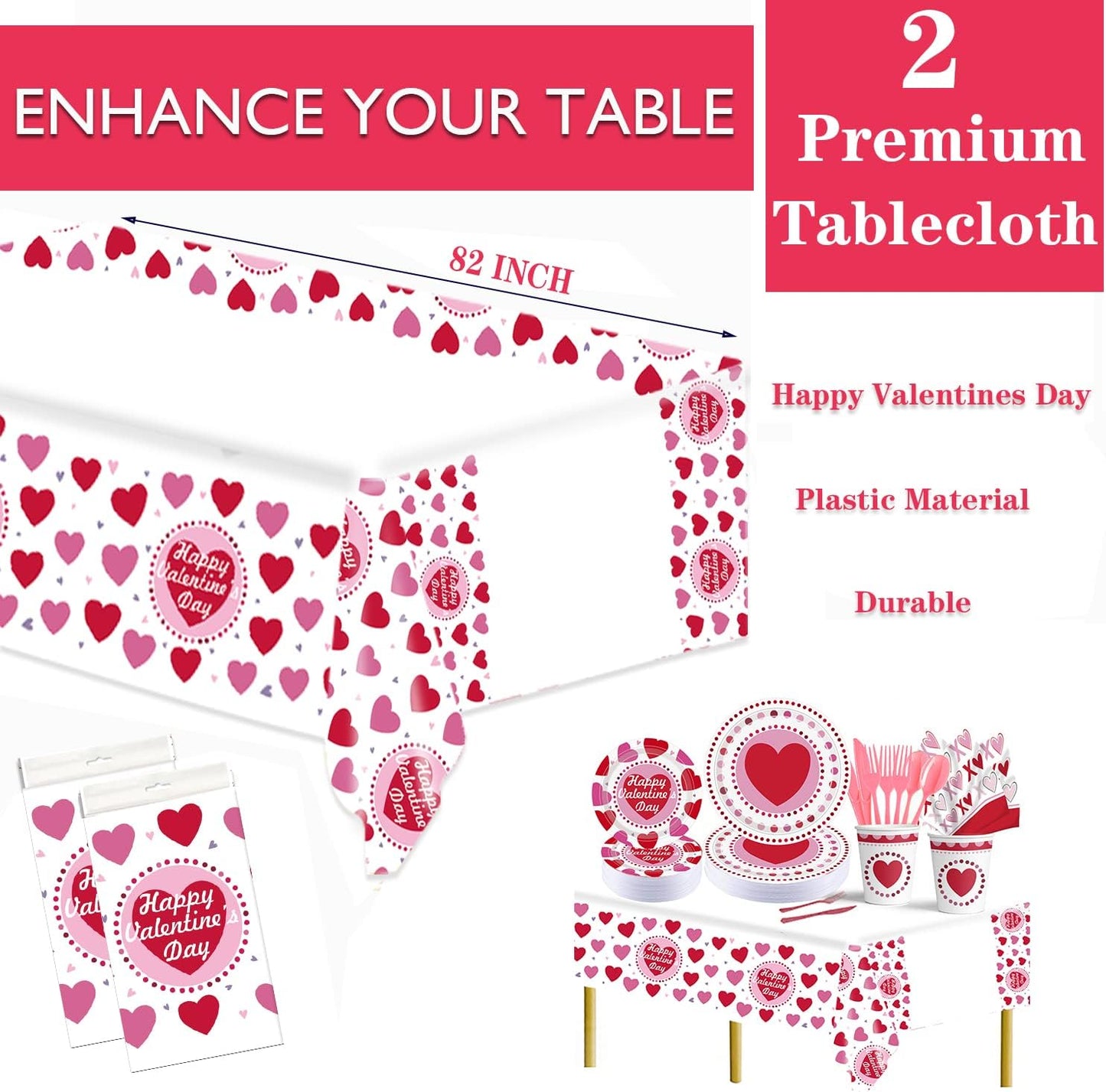 2025 Valentines Day Paper Plate Tableware Set - 177 pcs Heart and Love Disposable Dinnerware with 2 Tablecloth - Red Paper Plates Napkins Cups for Valentines Day Kids School Office Party Supply