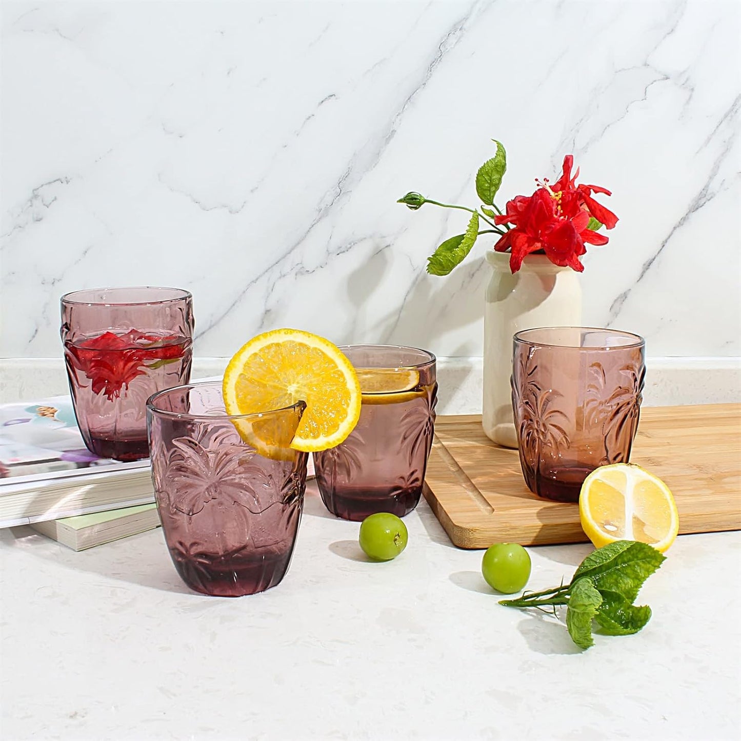 M&N HOME Colored Whiskey Glasses, Set of 4 Colorful Drinking Glasses, 9 Oz Coconut Cups, Glass Tumblers, Glass Cups for Water and Juice, Tiki Cups, Tropical Themed Glassware Set - PURPLE SET