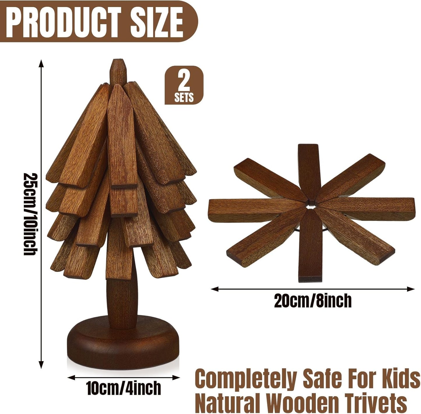 Suzile 2 Set 4 Layers Wooden Trivets for Hot Dishes Tree Shape Trivet Coaster Wood Table Mat Tree Design Foldable Heat Resistant Pads for Teapot Pans Bowl Kitchen Table(Brown)