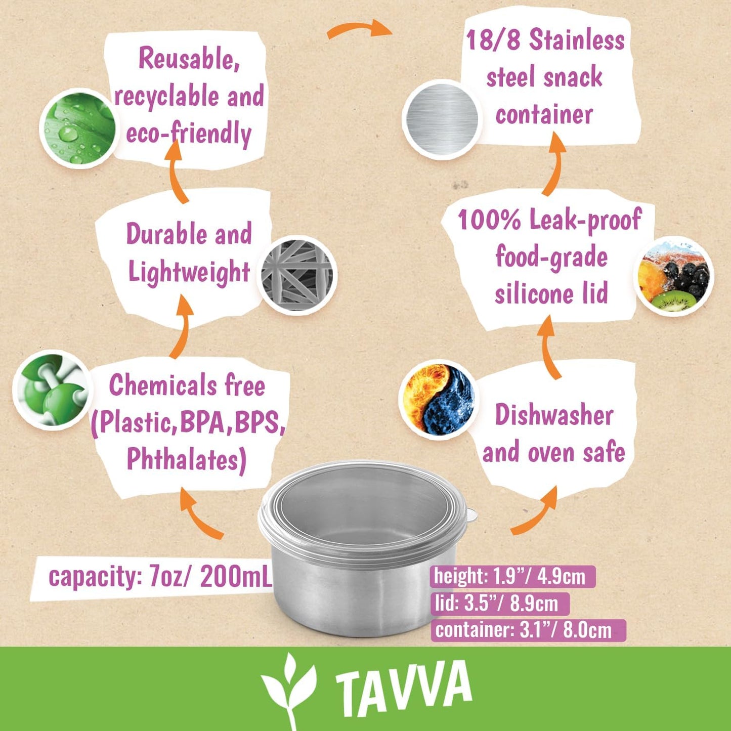 TAVVA 4 X 7oz Stainless Steel Containers with Lids - Leakproof w/Silicone Lids - BPA Free - Dishwasher & Freezer Safe - Portable & Reusable - Stainless Steel Storage Food Snack Containers
