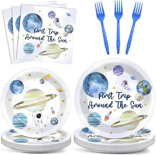 ZOIIWA 200 PCS First Trip Around the Sun Birthday Tableware Disposable 1st Space Party Supplies Outer Space Birthday Party Paper Plates Napkins Forks Baby Shower Party Decoration Serve 50 guest