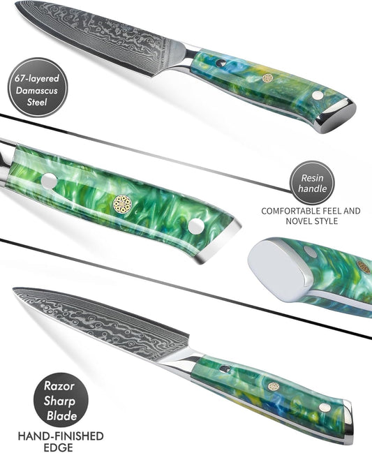 5 Inch Kitchen Utility Knife - Xuan Series Kitchen Knives - VG10 Damascus Steel with Resin Handle (Jade Green)