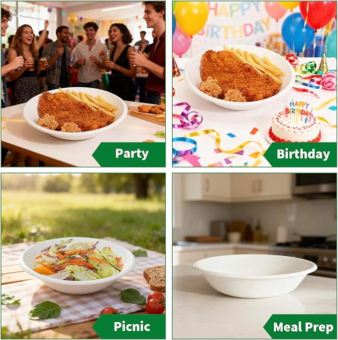 Aricsen Compostable 23 Ounce 100 Pack Disposable Round Paper Bowls, PFAS-Free, Eco-Friendly, Biodegradable Bagasse For Hot Soup Food Salad Dinner Party (100, 23 OZ)