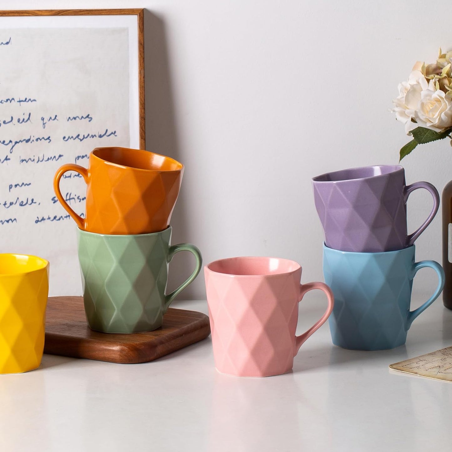 11 Ounce Porcelain Mugs, Set of 6, Tea and Cocoa Mug Set, Matte (Pink)