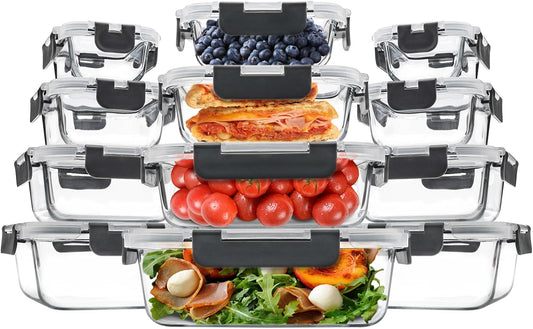 12 Pack Glass Food Storage Containers, Glass Storage Containers with Lids for Meal Prep, Lunch, Airtight, Freezer to Microwave Safe (12 Lids & 12 Containers)
