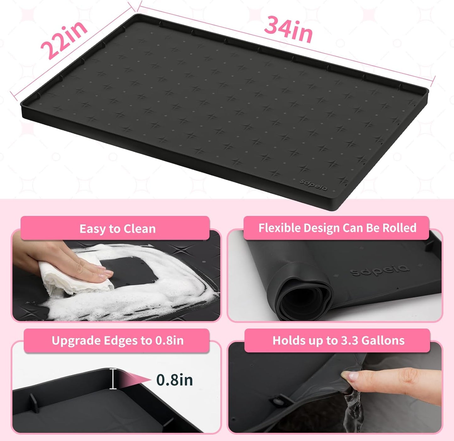 Sdpeia Under Sink Mat 34"×22" – Waterproof Silicone Cabinet Liner & Sink Protector for Kitchen & Bathroom, Multi-Purpose Organizers Tray for Pets, Laundry, Cat Litter Mat, Black