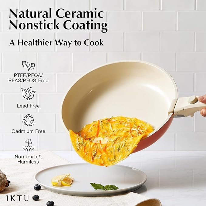 IKTU Ceramic Pots and Pans Set Non Stick Pink, 19 Pcs Nonstick Cookware Set with Detachable Handle RV Camping Induction Kitchen Cookware Set Non Stick, PFAS PFOA & PTFE Free