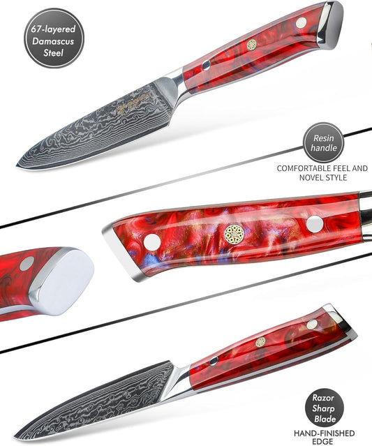 5 Inch Kitchen Utility Knife - Xuan Series Kitchen Knives - VG10 Damascus Steel with Resin Handle (Sunset Red)