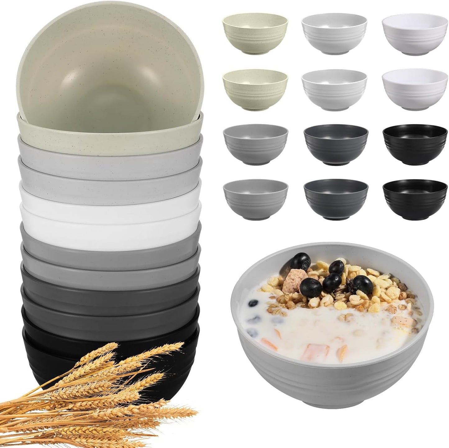 12 Pcs Unbreakable Cereal Bowls Set, 26 Oz Wheat Straw Bowls Set, Microwave & Dishwasher Safe Bowls for Kitchen, Reusable Plastic Bowls for Soup, Salad and Snack, BPA Free, Multicolor