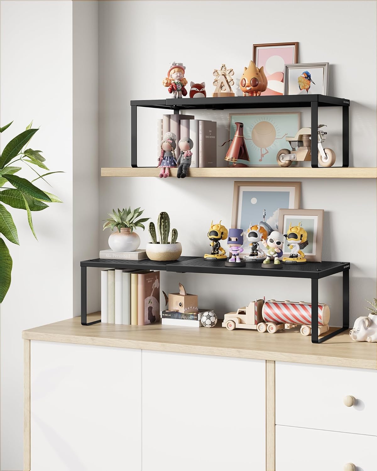 SONGMICS Set of 2 Expandable Pantry Kitchen Organizers, Adjustable Spice Rack, Stackable Cabinet Organizers, Metal, Space-Saving Tabletop Shelves, Matte Black UKCS402B01