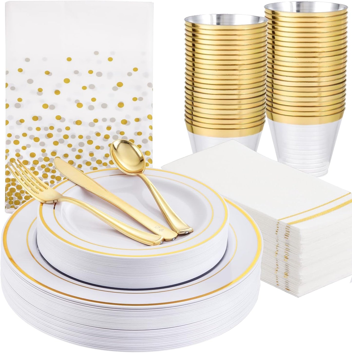 GATHER 176 Pieces Gold Dinnerware Disposable - White and Gold Plastic Plates Includes 50 Plates, 25 Plastic Silverware, 25 Napkins, 25 Cups and 1 Tablecloth for Wedding Party Thanksgiving